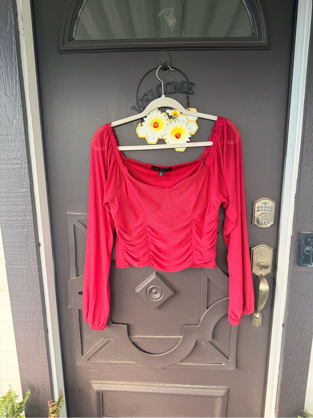 Almost Famous Red Long-Sleeve Ruched Crop Top